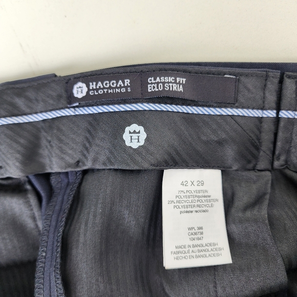 HAGGAR Mens Repreve Stria Classic Fit Flat Front Dress Pant Navy Blue Sz 42"x29" - Picture 8 of 12